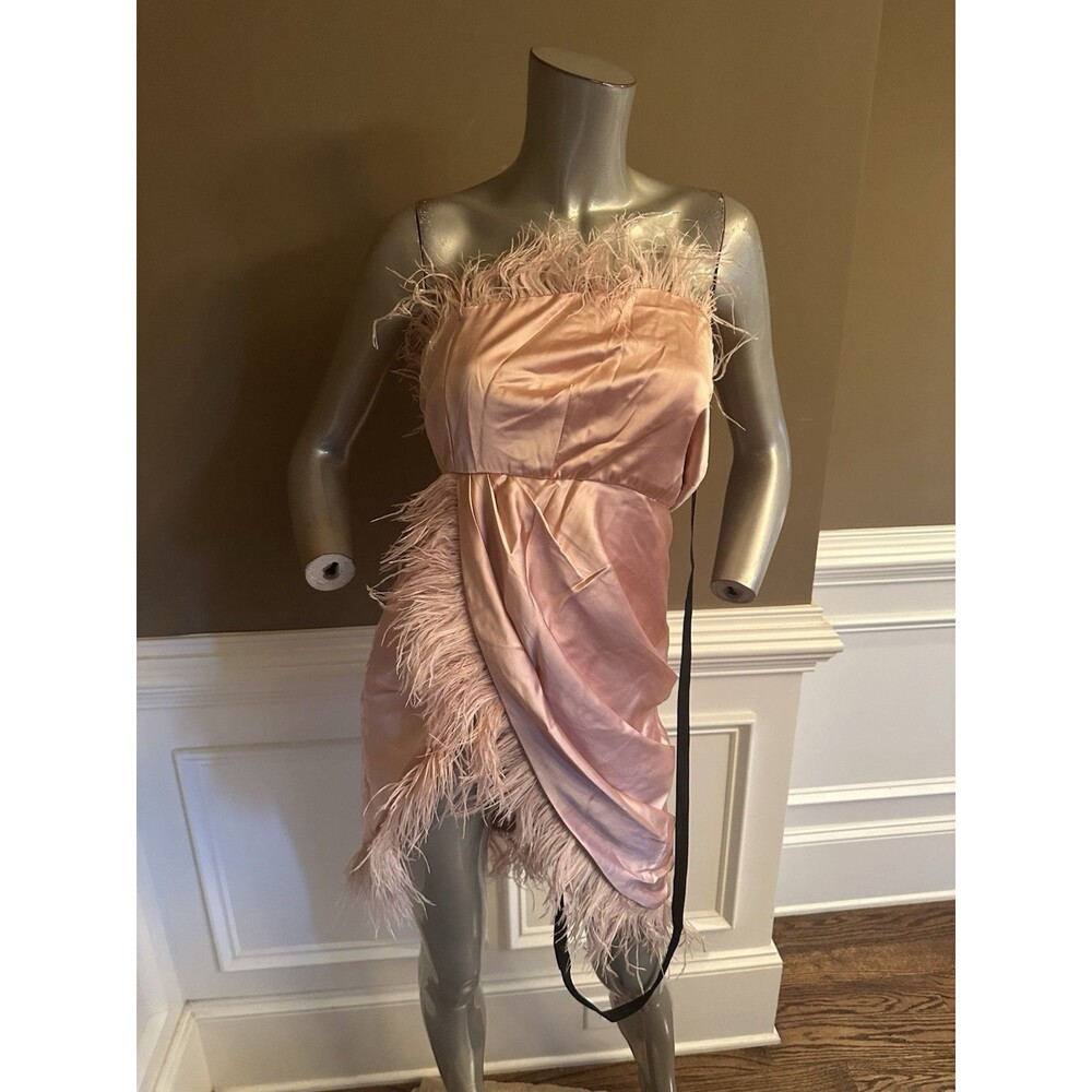 NWT Club L Blush Pink Strapless Draped Satin Feather Mini Dress Sz 8US